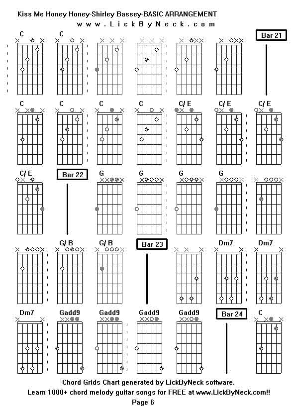 Chord Grids Chart of chord melody fingerstyle guitar song-Kiss Me Honey Honey-Shirley Bassey-BASIC ARRANGEMENT,generated by LickByNeck software.